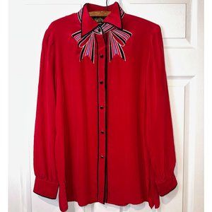 Bob Mackie Silk Embroidered Pussybow Blouse